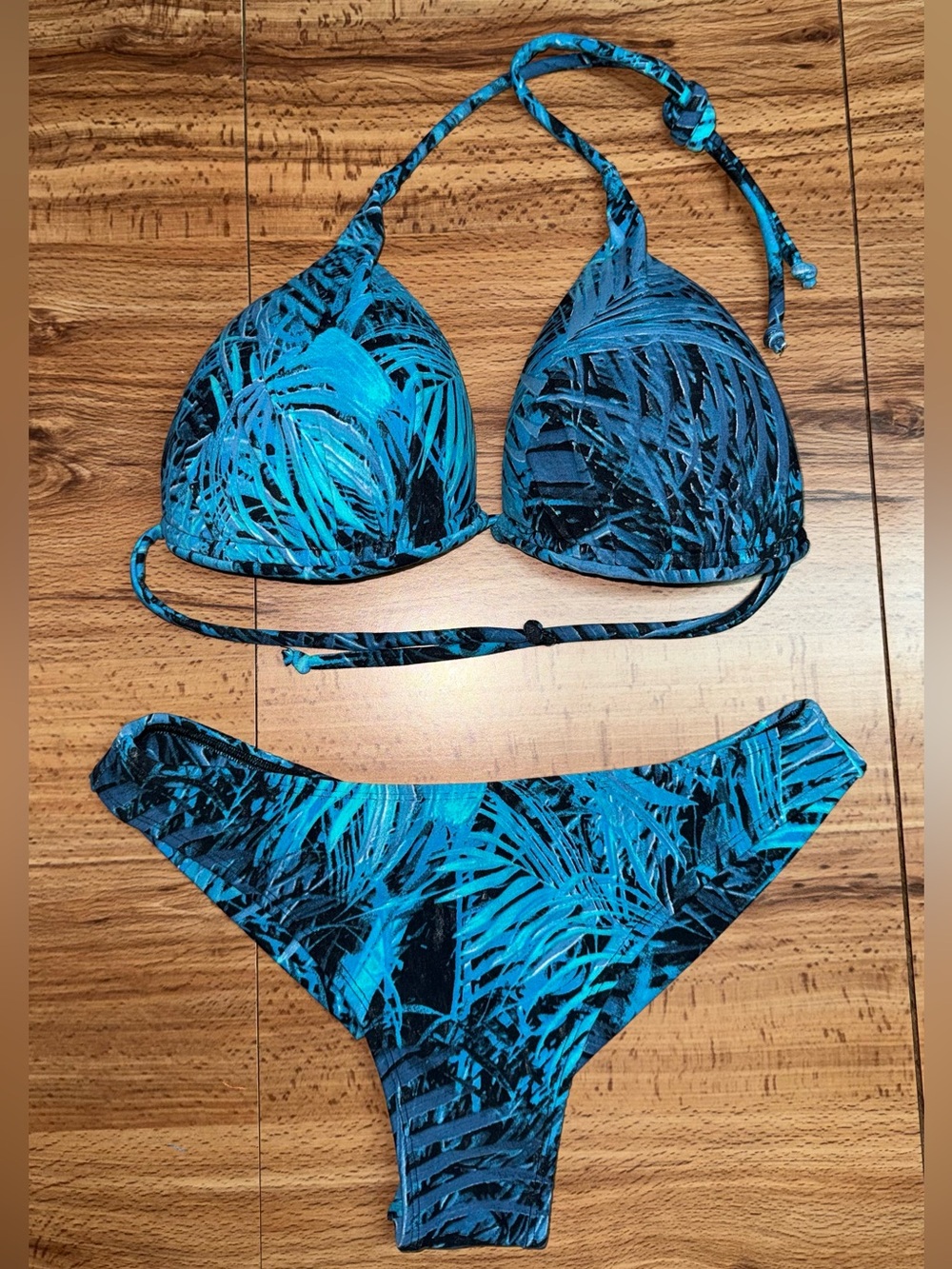 Women’s Blue Palm-Print Padded Triangle Brazilian Bikini Set Swim
